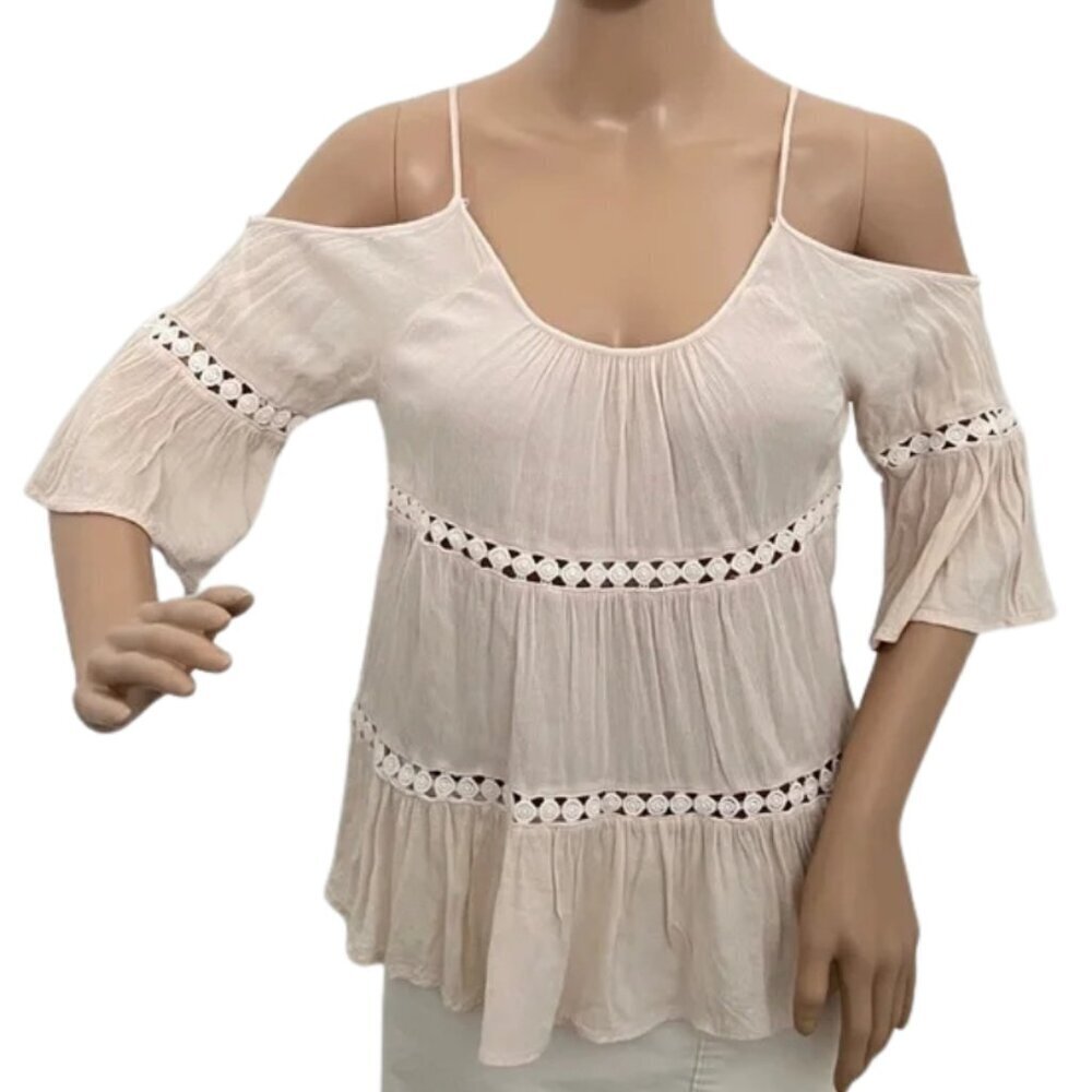Have Junior’s Flowy Cream Boho Blouse Off-the-Shoulder Spaghetti Straps - Size S - Picture 2 of 9
